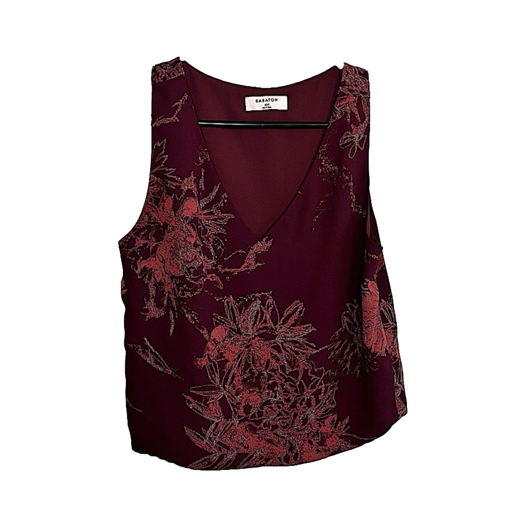 Babaton Burgundy Floral V-Neck Sleeveless Blouse XXS